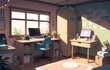 © endrzw - Cozy Anime-Inspired Workspace with Cat – Warm and Aesthetic Home Office