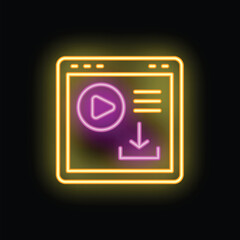Poster - Glowing neon icon of a website displaying downloadable video content, featuring a play button and a download arrow