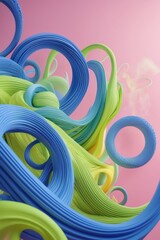 Poster - Colorful abstract swirls of blue and green on a soft pink background create a dynamic visual experience