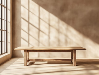 Poster - wooden table mockup on stucco background with window shadow on the wall, beige earthy color tones