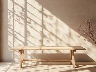 Poster - wooden table mockup on stucco background with window shadow on the wall, beige earthy color tones