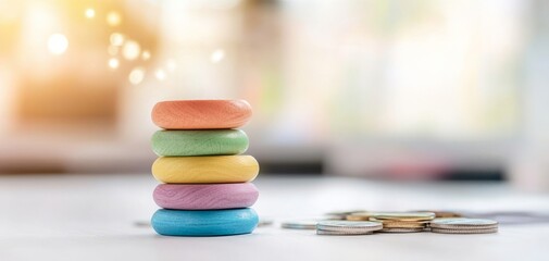 Poster - A colorful stack of stones sits beside scattered coins, creating a whimsical and playful atmosphere.
