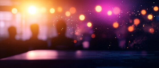 Poster - A vibrant, blurred scene featuring silhouettes of people with colorful lights and a bokeh effect, creating a lively atmosphere.