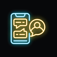 Poster - Bright neon icon of a smartphone showing an ongoing chat conversation with a user profile, symbolizing online communication and messaging