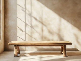 Poster - wooden table mockup on stucco background with window shadow on the wall, beige earthy color tones