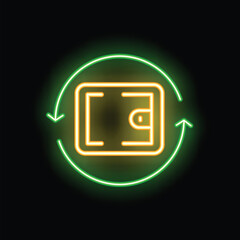 Poster - Neon sign of a yellow wallet with green arrows rotating clockwise on a black background representing the concept of cashflow