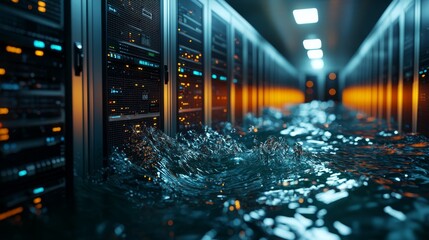 Poster - A flooded server room with water covering the floor, illuminated by orange and blue lights, highlighting the contrast between technology and disaster.