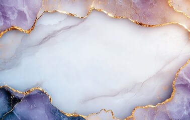 Poster - A captivating abstract background featuring elegant marbled textures in soft purple and white hues, accented by delicate golden edges, perfect for modern design and art projects.