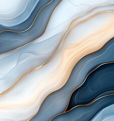 Poster - A captivating abstract background featuring smooth waves of blue, gray, and cream tones intertwined with golden accents, perfect for design projects, websites, and branding.