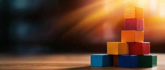Poster - A colorful stack of building blocks is illuminated by warm light, creating a playful and creative atmosphere.