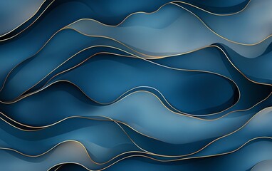 Poster - A captivating abstract design featuring flowing waves in varying shades of blue, accented by delicate gold lines, perfect for backgrounds or artistic projects.