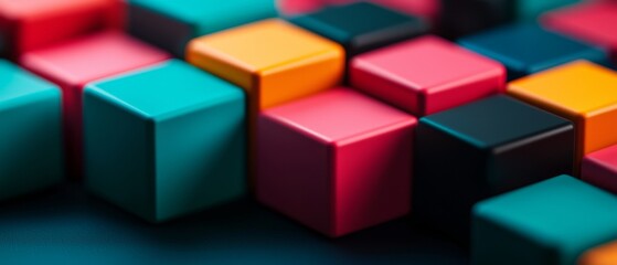 Poster - A vibrant arrangement of colorful geometric blocks, showcasing a mix of teal, pink, orange, and black, set against a contrasting dark background.