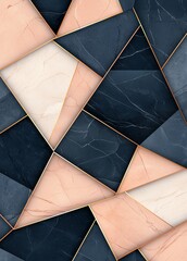 Poster - A captivating abstract pattern featuring triangular shapes in elegant hues of navy blue, peach, and white, accented by thin golden edges, perfect for modern design projects.