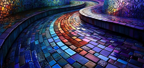 Poster - A vibrant, winding pathway made of colorful mosaic tiles, illuminated by soft lighting, creating an enchanting and artistic atmosphere.