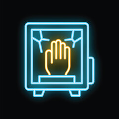 Poster - Neon sign of a hand reaching through a broken safe door on a black background