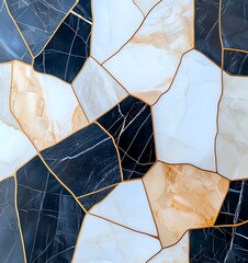 Poster - A close-up view of a beautifully designed mosaic tile pattern featuring black, white, and gold hues