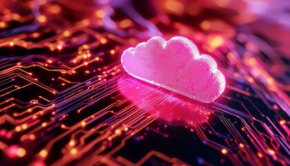 Poster - A vibrant digital cloud icon surrounded by intricate circuit patterns, symbolizing cloud computing and technology.