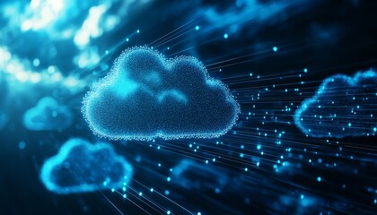 Poster - A digital illustration of glowing blue clouds with data streams, symbolizing cloud computing and technology.