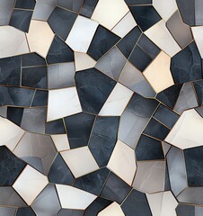 Poster - A close-up view of an abstract mosaic pattern featuring a blend of geometric shapes in shades of black, gray, and cream. Ideal for creative design projects and backgrounds.