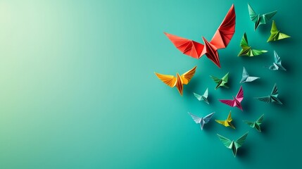 Poster - A vibrant arrangement of colorful origami butterflies and cranes against a teal background, symbolizing creativity and transformation.