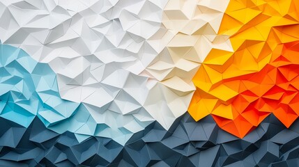 Poster - A vibrant, textured artwork featuring crumpled paper in shades of blue, white, orange, and dark gray, showcasing an abstract design.