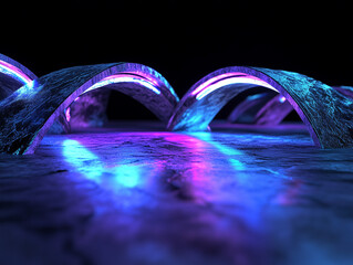 Poster - A 3D rendering of futuristic blue and purple neon light shapes on a reflective concrete surface against a black background, creating a sci-fi abstract scene with empty space for text