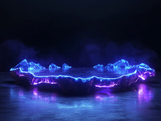 Poster - A 3D rendering of futuristic blue and purple neon light shapes on a reflective concrete surface against a black background, creating a sci-fi abstract scene with empty space for text
