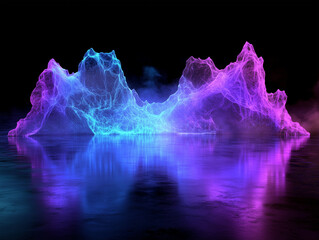 Poster - A 3D rendering of futuristic blue and purple neon light shapes on a reflective concrete surface against a black background, creating a sci-fi abstract scene with empty space for text
