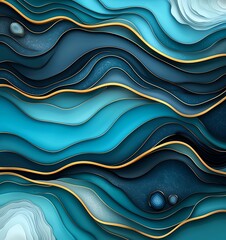 Poster - A mesmerizing abstract image featuring waves of blue and teal with golden outlines. The fluid design evokes a sense of calm and movement, perfect for modern artistic projects.