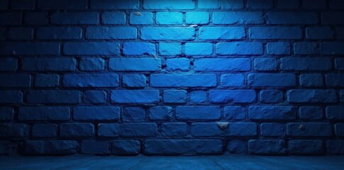 Vibrant blue neon glow illuminates rough brick texture , detail, art, focus