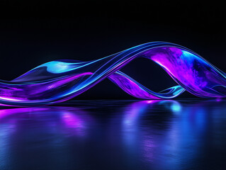 Poster - A 3D rendering of futuristic blue and purple neon light shapes on a reflective concrete surface against a black background, creating a sci-fi abstract scene with empty space for text