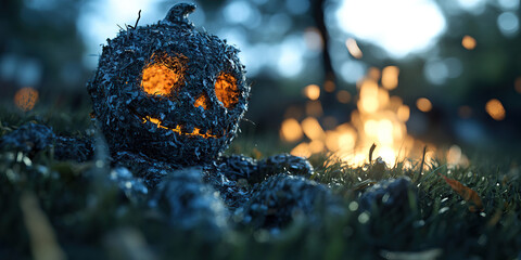 Wall Mural - Illuminated Decaying Pumpkin in Grass with Bonfire Background