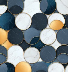 Poster - A modern abstract background featuring a variety of circular shapes in marble, gold, and deep blue tones. Perfect for design projects requiring elegance and sophistication.