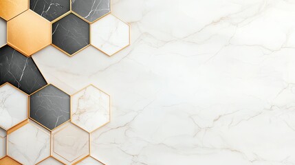 Poster - A modern and elegant background showcasing a pattern of hexagonal tiles in gold and black against a pristine marble surface, perfect for design and architecture projects.