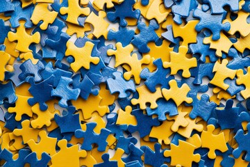 Wall Mural - Yellow and blue puzzle pieces on a white background, stock photo, high resolution, high quality photography.