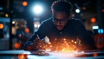 Poster - A focused individual creates innovative designs, illuminated by warm lights, showcasing creativity and technology in a modern workspace.