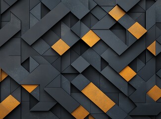 Poster - A modern geometric pattern featuring interlocking shapes in dark tones with vibrant orange accents, ideal for backgrounds, digital designs, and artistic projects.