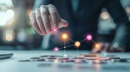 Poster - A business professional analyzes data trends with a hand gesture, showcasing vibrant, colorful connections on a digital graph.