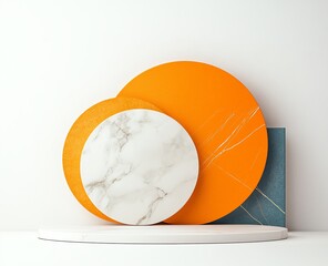 Poster - A set of geometric shapes featuring vibrant orange and marble textures set against a minimalist background. Ideal for modern design projects and abstract art compositions.