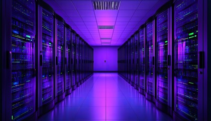 Poster - A modern server room illuminated with purple lights, showcasing rows of server racks and a sleek, high-tech ambiance.