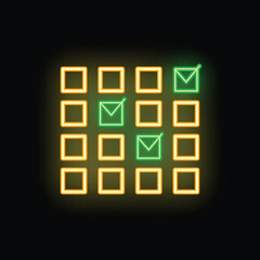 Poster - Neon green check mark icons illuminating a grid of yellow checkboxes on a black background
