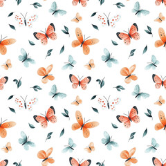 Wall Mural - Seamless pattern with watercolor butterflies and leaves isolated on white background.