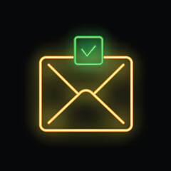 Poster - Neon icon of a yellow mail envelope with a green check mark glowing on a black background