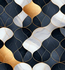 Poster - A stunning abstract pattern of overlapping shapes in black, white, and gold tones. Perfect for use in design projects, wallpapers, or backgrounds to add elegance and modernity.