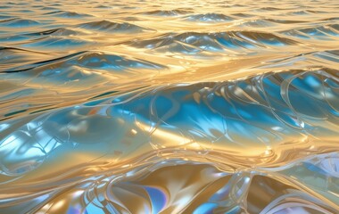 Wall Mural - A close-up of a gold iridescent holographic pattern resembling ocean waves