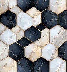 Poster - A stunning geometric hexagonal pattern featuring a blend of black, white, and gold marbled textures. Perfect for backgrounds, wallpapers, or modern design projects.