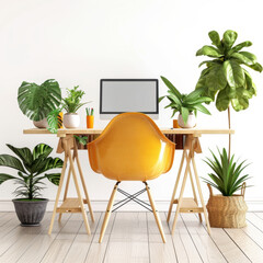 Poster - modern home office setup featuring wooden desk, orange chair, and various indoor plants. bright space is designed for productivity and comfort