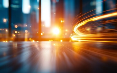 Poster - A dynamic, blurred image showcasing light streaks and a warm glow, suggesting movement and energy in an urban environment.