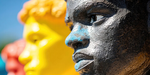 Poster - Close-up of a Gray Sculpted Head with Blue Accents and Yellow and Orange Background