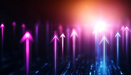 Fototapete - A vibrant digital scene featuring arrows pointing upward in shades of pink and blue, symbolizing growth and progress against a dark background.